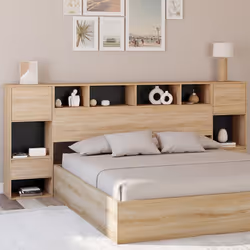 IDMARKET Tête de lit sur pied CAMPHA 240 cm avec chevets tiroir + placards + niches bois et noir