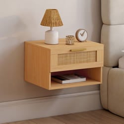 IDMARKET Lot de 2 tables de chevet murales ROBERT 1 tiroir avec niche effet naturel cannage et bois