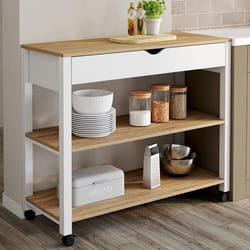 IDMARKET Desserte de cuisine PENH XXL avec tiroir et plan de travail blanc plateaux façon hêtre L.100 CM