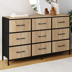 IDMARKET Commode 9 tiroirs en tissu UTAH 115 CM effet lattes meuble de rangement design industriel