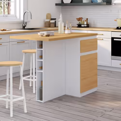 IDMARKET Ilot central TINO 120 cm avec range-bouteilles 4 personnes bois blanc avec plan de travail façon hêtre