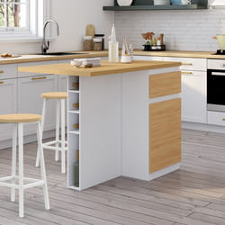 IDMARKET Ilot central TINO 120 cm avec range-bouteilles 4 personnes bois blanc avec plan de travail façon hêtre