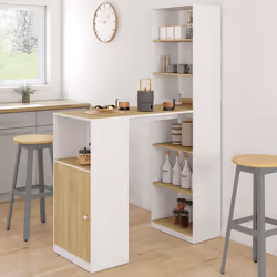 IDMARKET Table de bar LUNG avec rangements et placard 2 personnes blanc et bois