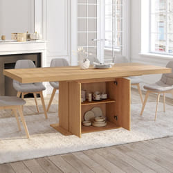 IDMARKET Table à manger extensible rectangle JULIETTE 6-10 personnes pied central lattes tasseau bois avec rangement 160-200 cm