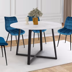 IDMARKET Table à manger ronde SELMA 4-6 personnes plateau effet marbre blanc ALASKA et noir 110 cm