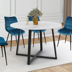IDMARKET Table à manger ronde SELMA 4-6 personnes plateau effet marbre blanc ALASKA et noir 110 cm