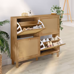 IDMARKET Meuble à chaussures 20 paires vintage HANAE 4 portes effet naturel cannage