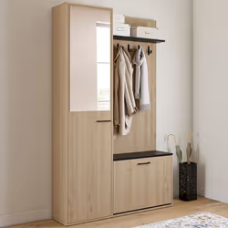 IDMARKET Vestiaire dentrée rangement chaussures avec miroir et étagères MAHAUT 1 porte effet bois et noir