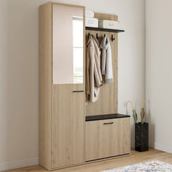 IDMARKET Vestiaire dentrée rangement chaussures avec miroir et étagères MAHAUT 1 porte effet bois et noir