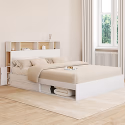 IDMARKET Lit double CLEM avec rangements + tête de lit et sommier 160 x 200 cm blanc et hêtre