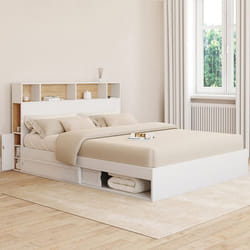 IDMARKET Lit double CLEM avec rangements + tête de lit et sommier 160 x 200 cm blanc et hêtre