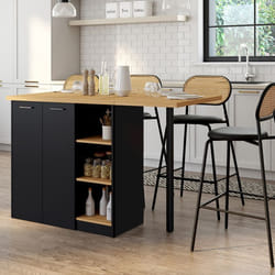 IDMARKET Ilot central CESAR 140 cm bois noir avec plan de travail façon hêtre