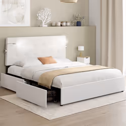 IDMARKET Lit double MAEL 140 x 190 cm avec tête de lit capitonnée PVC blanc liseuses intégrées et sommier et 2 tiroirs sur