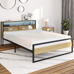IDMARKET Lit double DETROIT LED intégrés dans la tête de lit et sommier 140 x 190 cm effet bois et métal noir design industriel