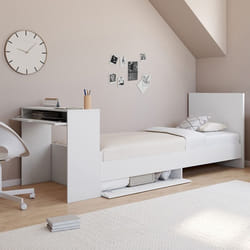 IDMARKET Lit simple OMAHA 90 x 190 cm avec sommier tête de lit bureau et rangements blanc