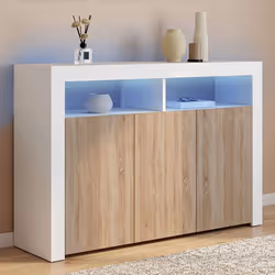 IDMARKET Buffet 110 cm ELIGHT 3 portes avec LED et niches blanc et bois façon hêtre