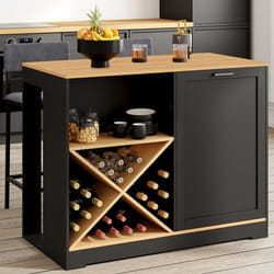 IDMARKET Table de bar îlot VITO 113 cm avec range bouteilles bois noir et plateau façon hêtre