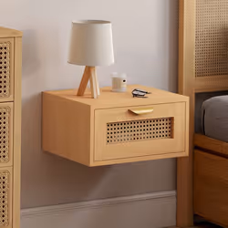 IDMARKET Lot de 2 tables de chevet murales EDHEN 1 tiroir étagère suspendue cannage et bois