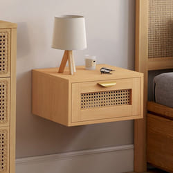 IDMARKET Lot de 2 tables de chevet murales EDHEN 1 tiroir étagère suspendue cannage et bois