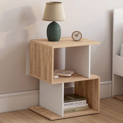 IDMARKET Lot de 2 tables de chevet SOFIA forme S avec rangements ouverts effet hêtre et blanc