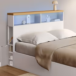 IDMARKET Tête de lit sur pied LUNA à LEDS 145 cm avec rangements fermés et niches blanc et plateau effet bois
