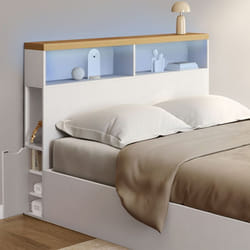IDMARKET Tête de lit sur pied LUNA à LEDS 145 cm avec rangements fermés et niches blanc et plateau effet bois