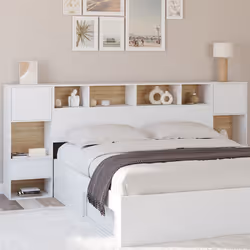IDMARKET Tête de lit sur pied CAMPHA 240 cm avec chevets tiroir + placards + niches bois et blanc