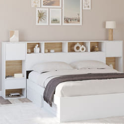 IDMARKET Tête de lit sur pied CAMPHA 240 cm avec chevets tiroir + placards + niches bois et blanc