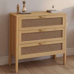 IDMARKET Commode 3 tiroirs EDHEN 80 cm cannage coloris bois