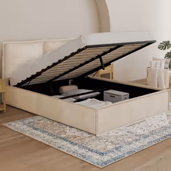 IDMARKET Lit coffre double PILOU avec tête de lit oreiller et sommier 140 x 190 cm velours beige
