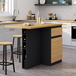 IDMARKET Ilot central TINO 120 cm avec range-bouteilles 4 personnes bois noir avec plan de travail façon hêtre
