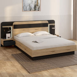 IDMARKET Lit double NATHAN 140 x 190 cm avec tête de lit chevets suspendus étagère LED et sommier bois et noir