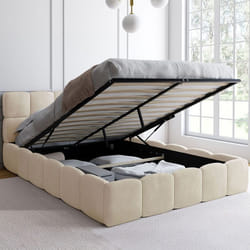 IDMARKET Lit coffre double NUAGE avec tête de lit matelassée et sommier 140 x 190 cm velours beige