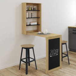IDMARKET Table murale pliable MACCHIA avec étagères et tableau craie 2 personnes bois et noir