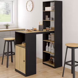 IDMARKET Table de bar LUNG avec rangements et placard 2 personnes noir et bois