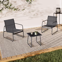 IDMARKET Salon de jardin bas MALAGA table et 2 fauteuils en acier et textilène gris anthracite