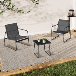 IDMARKET Salon de jardin bas MALAGA table et 2 fauteuils en acier et textilène gris anthracite