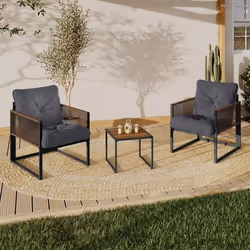 IDMARKET Salon de jardin bas RIO table et 2 fauteuils en métal gris cordage effet rotin foncé et coussins gris