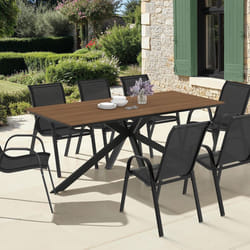 IDMARKET Salon de jardin MESSINA table 190 cm pied araignée plateau effet bois et 8 chaises empilables noires