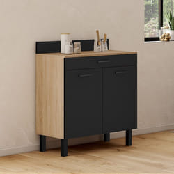 IDMARKET Buffet bas de cuisine 80 cm CINA plan de travail H.83 cm 2 portes + tiroir façon hêtre et noir
