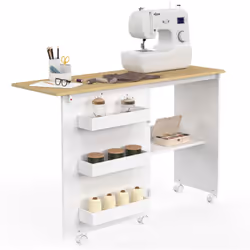 Le bureau pour machine à coudre pliable à roulettes, blanc et bois façon hêtre, au style contemporain et épuré s'intègre parf ...