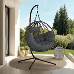 IDMARKET Fauteuil rond suspendu ajouré effet rotin gris avec coussin gris