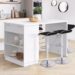 IDMARKET Ilot central mange-debout 4 personnes VITO 130 cm blanc et plateau marbre ALASKA