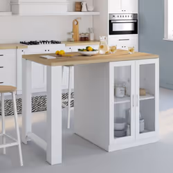 IDMARKET Ilot central LINO 120 cm 2 personnes bois blanc et plan de travail façon hêtre et portes vitrées