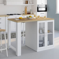 IDMARKET Ilot central LINO 120 cm 2 personnes bois blanc et plan de travail façon hêtre et portes vitrées