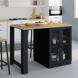 IDMARKET Ilot central LINO 120 cm 2 personnes bois noir avec plan de travail façon hêtre et portes vitrées