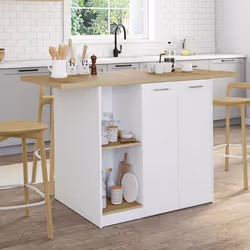 IDMARKET Ilot central BAO 140 cm 4 personnes bois blanc avec plan de travail façon hêtre
