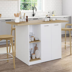 IDMARKET Ilot central BAO 140 cm 4 personnes bois blanc avec plan de travail façon hêtre