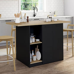 IDMARKET Ilot central BAO 140 cm 4 personnes bois noir avec plan de travail façon hêtre