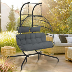 IDMARKET Fauteuil oeuf suspendu ajouré 2 places effet rotin gris avec coussin gris